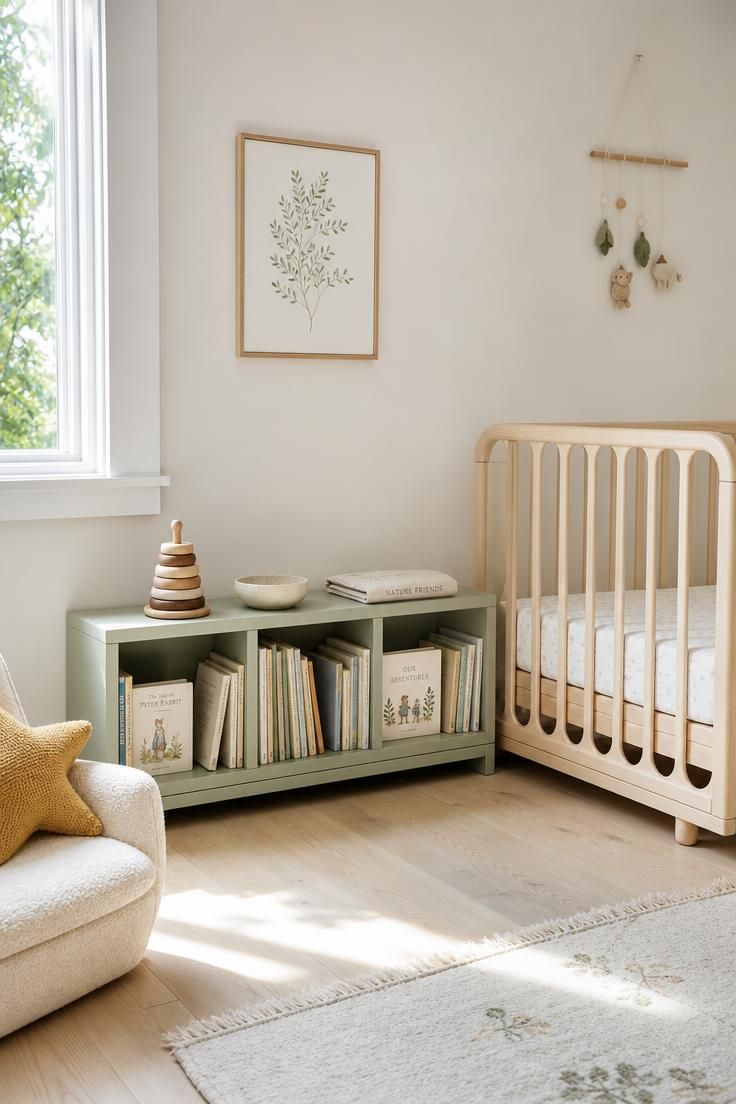 11 Cozy Eclectic Nursery Ideas for a Calm, Happy Baby 9 Low pale sage-green child-height bookcase with three objects on top beside a modern natural birch crib with rounded slats in a vintage modern nursery.