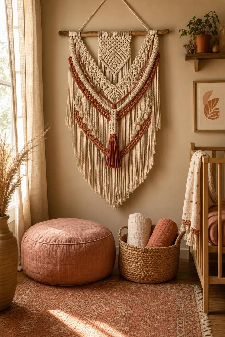 11 Cozy Eclectic Nursery Ideas for a Calm, Happy Baby 10 Handwoven macrame wall hanging in cream and rust above a dusty rose floor pouf beside a seagrass basket in a boho nursery with warm sand walls.