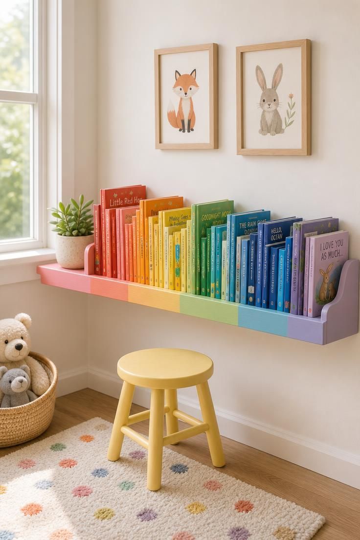 11 Cozy Eclectic Nursery Ideas for a Calm, Happy Baby 11 Soft rainbow-painted wall shelf with color-arranged children's books, a small succulent, and a butter yellow stool in a colorful nursery book nook.