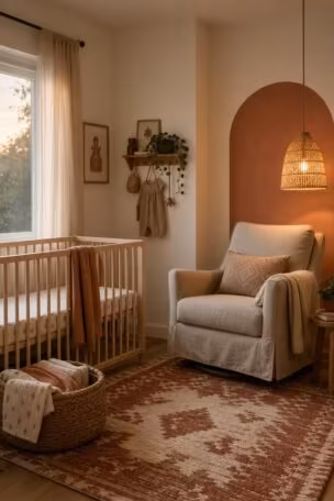 Warm and calm eclectic nursery with a pale birch crib, oatmeal linen slipcovered chair, woven rattan pendant, muted rust wool rug, and a small painted terracotta arch in warm ivory walls.