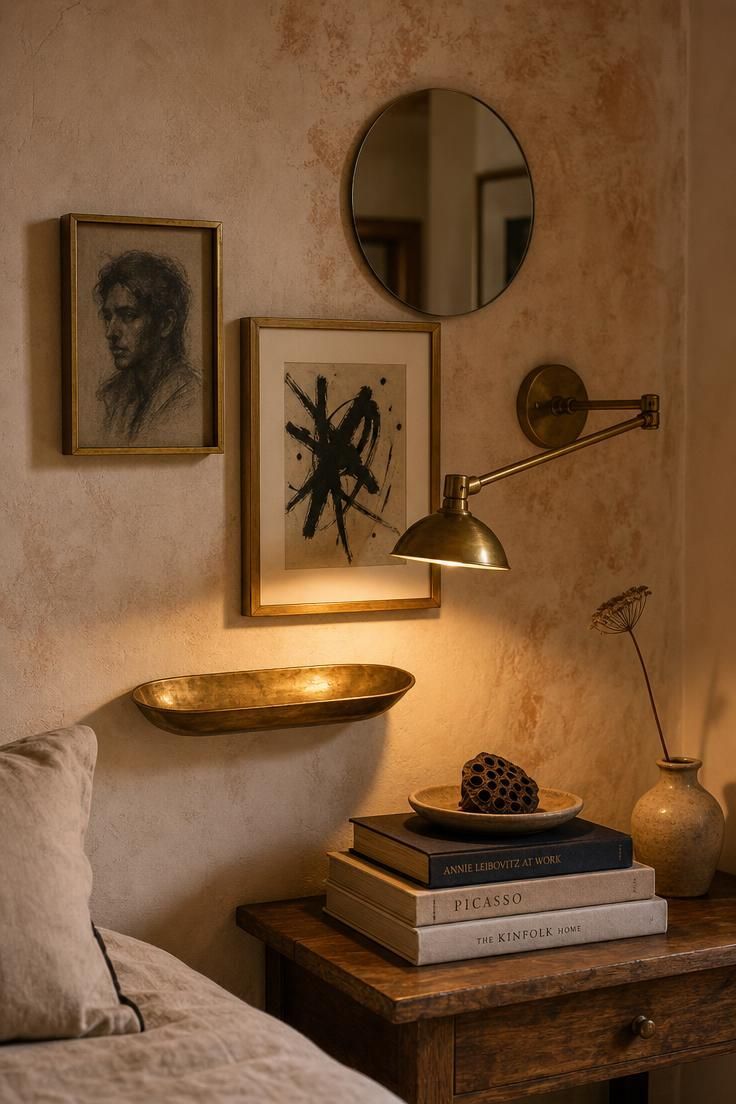 11 Warm Eclectic Wall Decor Ideas You Will Love Now 1 A warm bedroom corner wall with unlacquered brass frames, a round brass mirror, and a swing-arm sconce glowing against cream plaster.