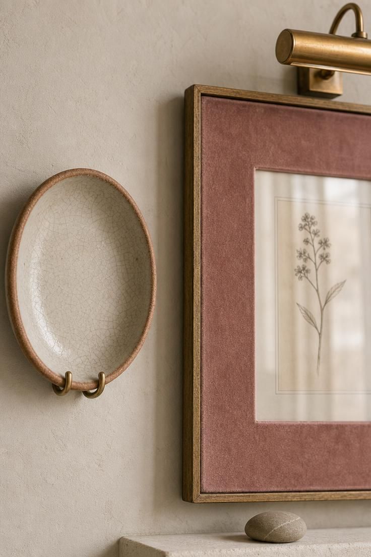 11 Warm Eclectic Wall Decor Ideas You Will Love Now 2 Close-up of a dusty pink velvet-wrapped mat board and a crackled raw ceramic dish on a sand-toned wall.