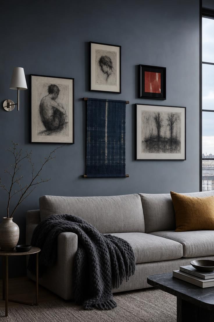 11 Warm Eclectic Wall Decor Ideas You Will Love Now 3 A wide living room wall in slate blue-gray with monochrome charcoal art, indigo textile, and one small coral accent.