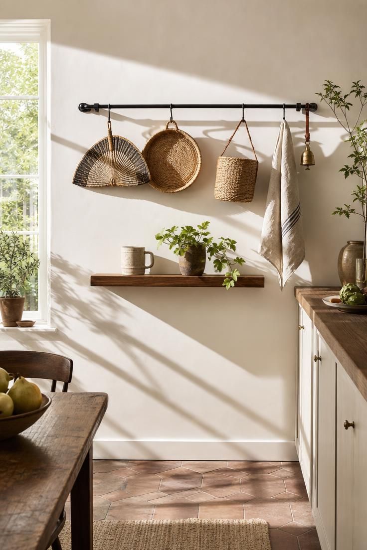 11 Warm Eclectic Wall Decor Ideas You Will Love Now 5 A warm white kitchen wall with a blackened steel rail holding three woven baskets, a brass bell on a leather loop, and a linen towel.