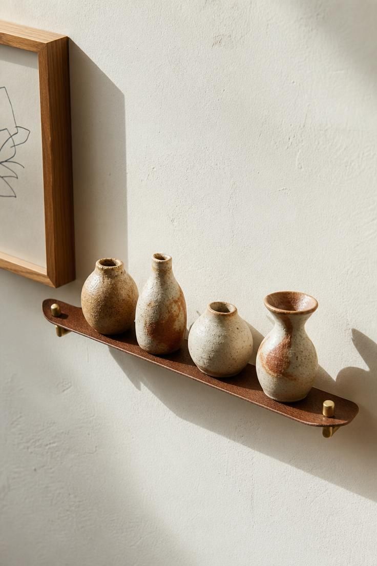 11 Warm Eclectic Wall Decor Ideas You Will Love Now 7 Overhead view of a slim leather strap shelf holding four miniature earth-toned pinch pots on a bone-white wall.