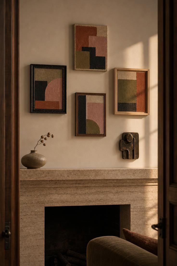 11 Warm Eclectic Wall Decor Ideas You Will Love Now 8 Four small geometric oil paintings in mismatched frames hang in a loose diamond above a travertine mantel with one bronze sculpture.