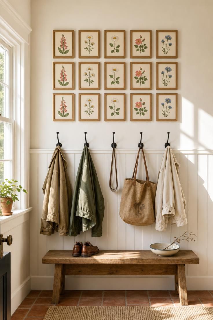11 Warm Eclectic Wall Decor Ideas You Will Love Now 10 An entryway with a triple row of gouache floral paintings above black iron coat hooks holding canvas jackets and a jute bag.