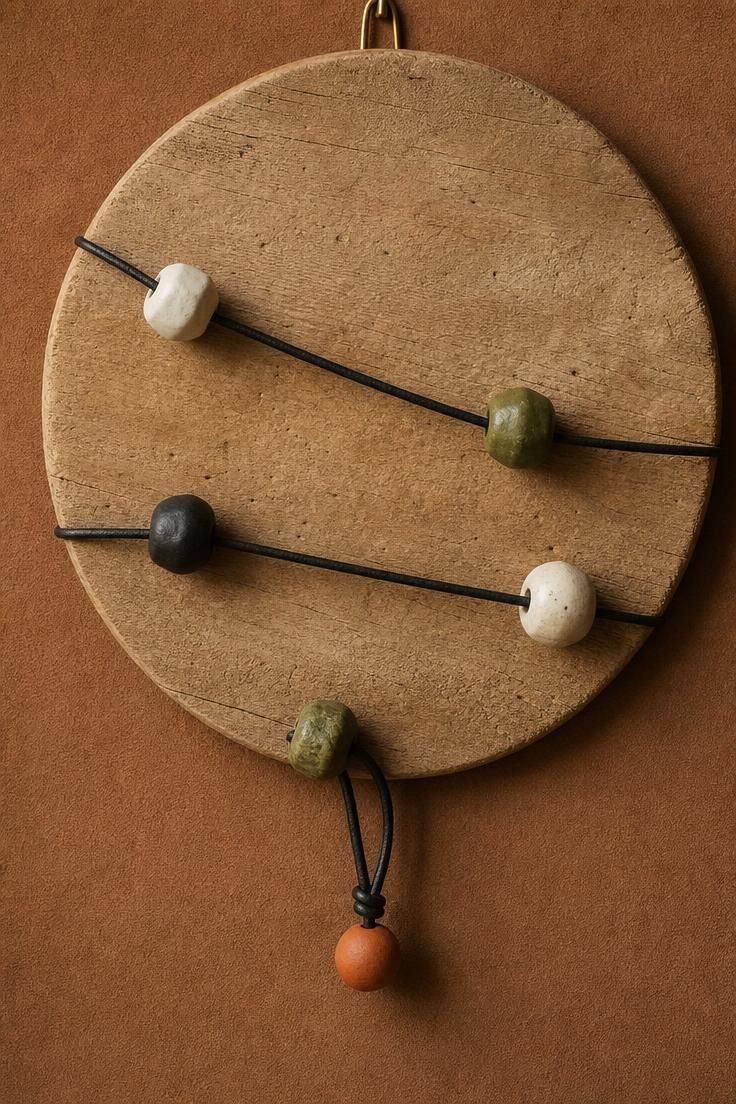 11 Warm Eclectic Wall Decor Ideas You Will Love Now 11 A round raw-wood board wrapped with black leather cord and handmade ceramic beads, hanging on a cinnamon-brown wall.