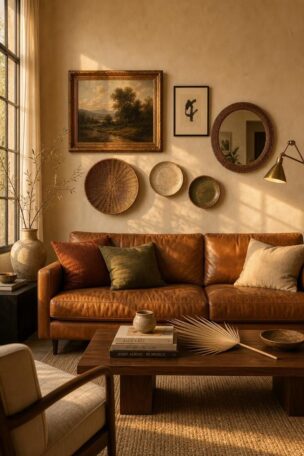 A warm living room wall with layered eclectic art, a rattan mirror, a woven basket, and a brass sconce above a caramel leather sofa.