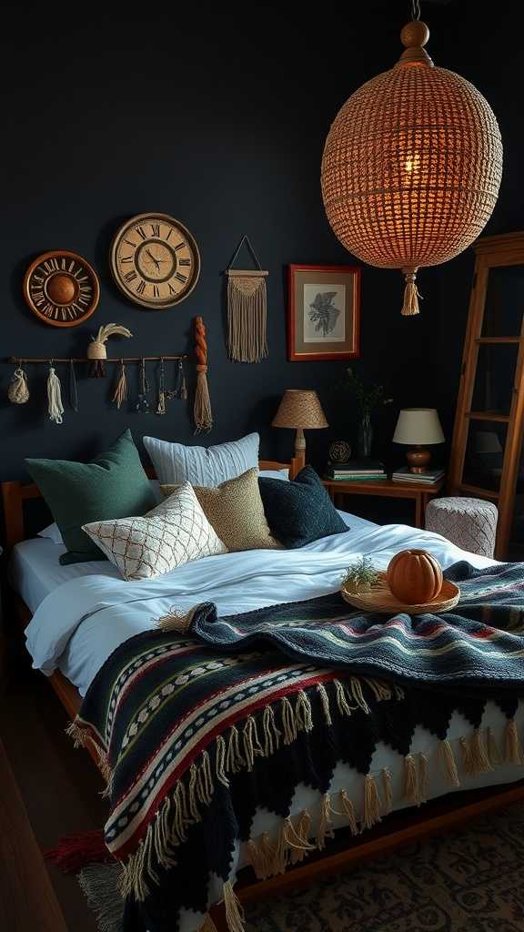 A cozy dark boho bedroom featuring eclectic accessories, including colorful pillows and wall art.