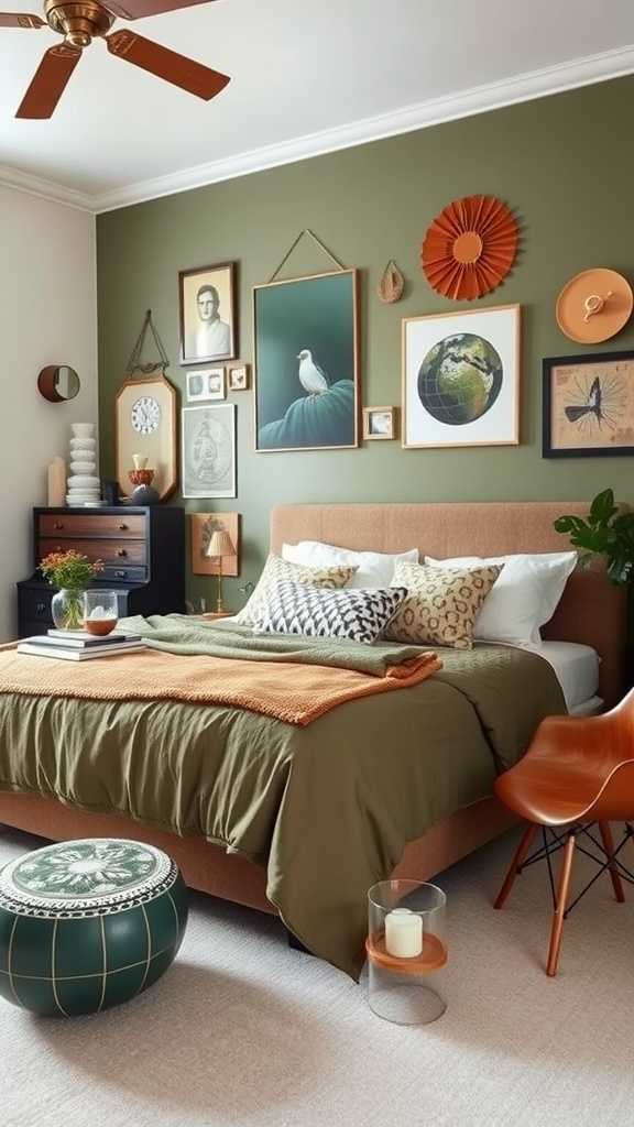 A stylish olive green bedroom featuring eclectic accessories like colorful cushions, artwork, and plants.