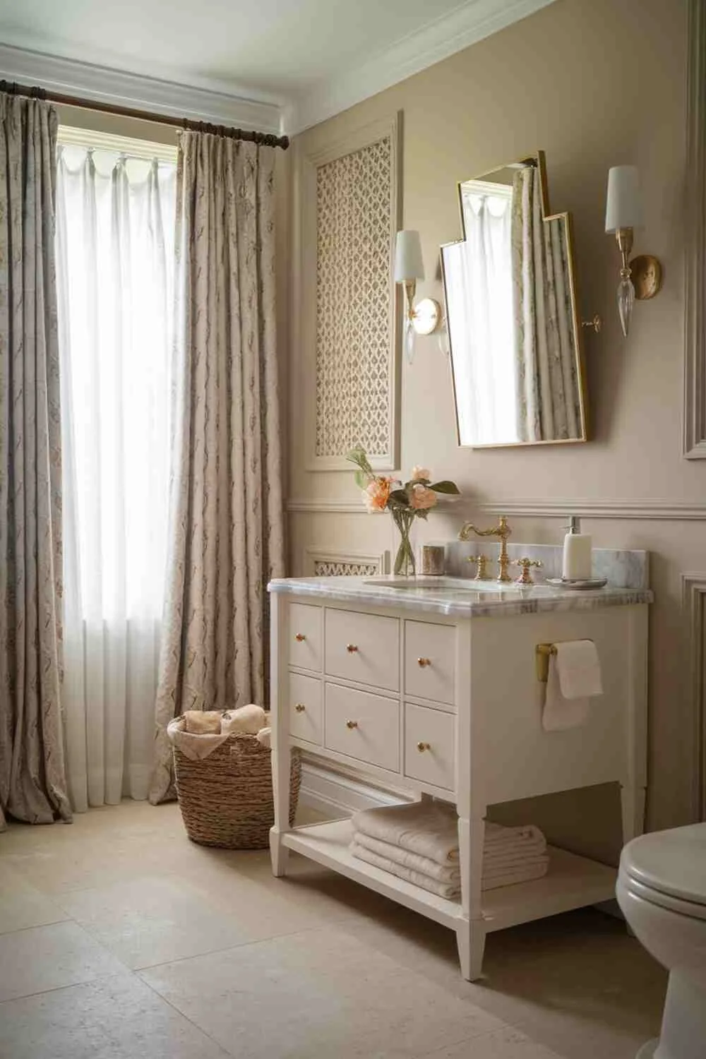 21 Elegant Bathroom Design Ideas for a Luxurious Look 1 Stylish bathroom featuring a white vanity with marble countertop, gold faucet, wall-mounted mirror, beige tile flooring, and decorative wall pattern