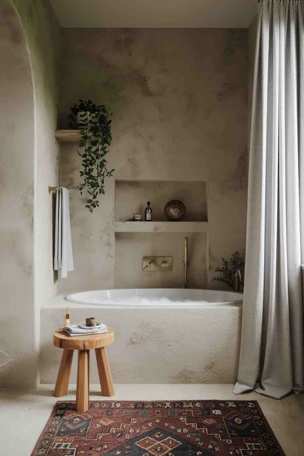 21 Elegant Bathroom Design Ideas for a Luxurious Look 3 Cozy bathroom centered around a bubble-filled bathtub with white curtain, wooden stool, floating shelf with plant, patterned rug, and textured walls