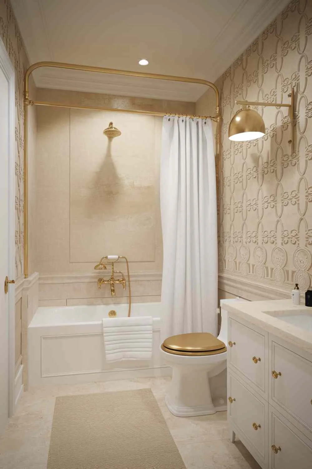21 Elegant Bathroom Design Ideas for a Luxurious Look 4 Luxurious bathroom featuring white bathtub with gold fixtures, white toilet with gold seat, beige tiled floor, beige and gold patterned walls, gold lamp, and white cabinet with gold knobs