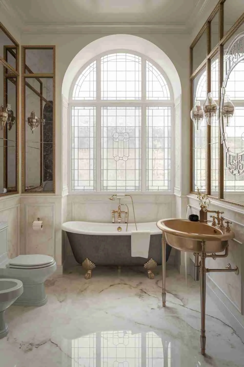 21 Elegant Bathroom Design Ideas for a Luxurious Look 5 Elegant bathroom with marble flooring, freestanding bathtub, vintage sink with gold faucet, toilet, large decorative window, and gold-framed mirror and wall art