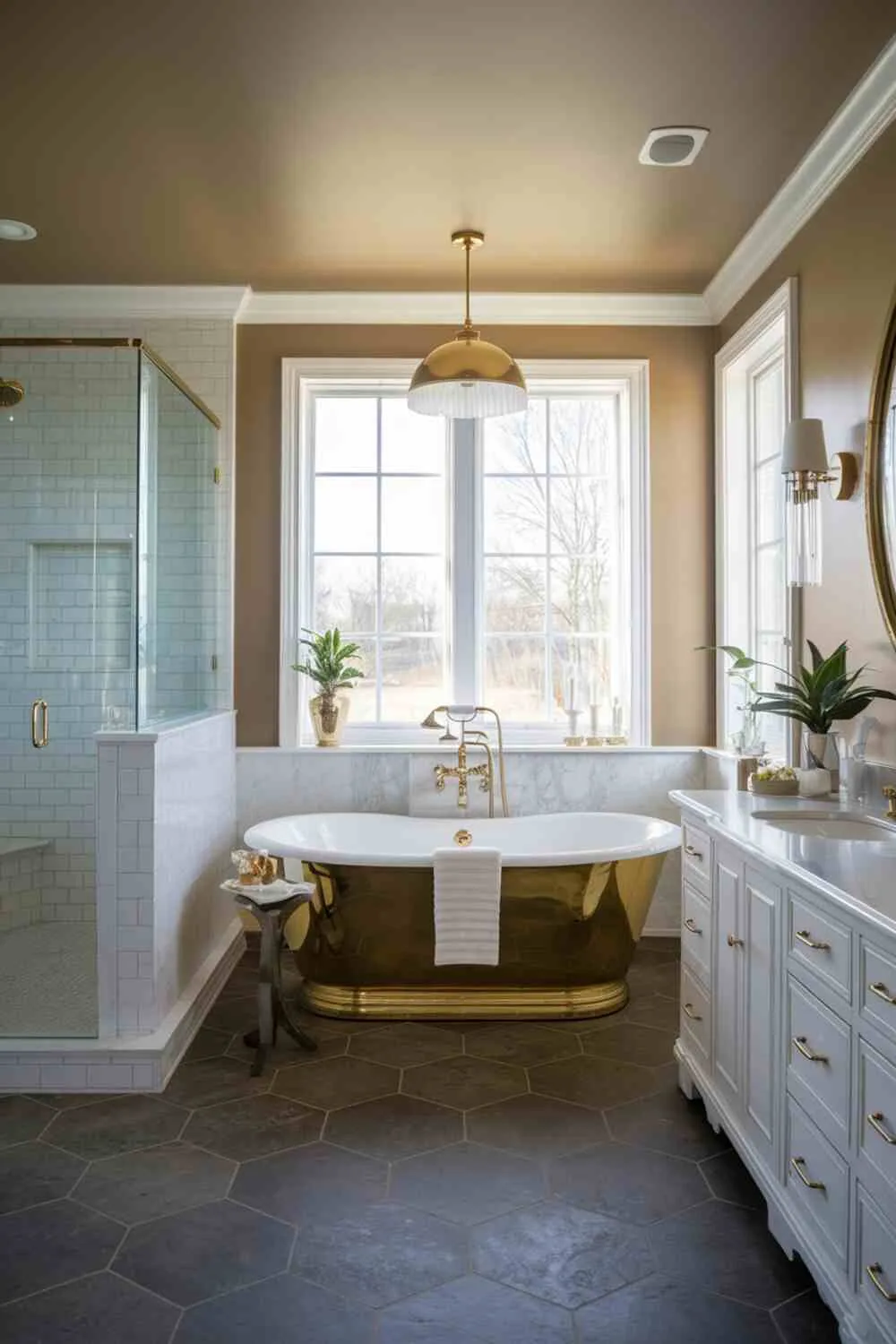 21 Elegant Bathroom Design Ideas for a Luxurious Look 6 Opulent bathroom featuring gold bathtub before a large window, separate shower area, beige walls and ceiling, dark grey tiled floor, gold lamp, white vanity with gold hardware, plants, and gold mirror