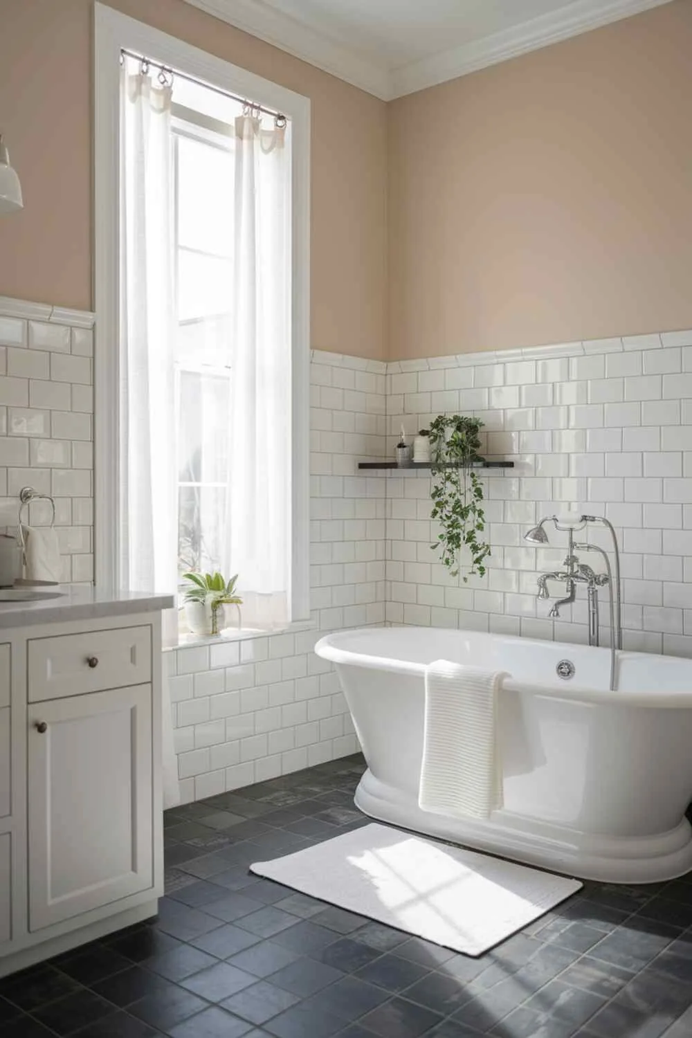 21 Elegant Bathroom Design Ideas for a Luxurious Look 7 Sophisticated bathroom with freestanding bathtub near window, dark grey floor tiles, white wall tiles with beige paint above, floating shelf with plant, white rug, white curtains, white vanity with sink, and hanging light fixture