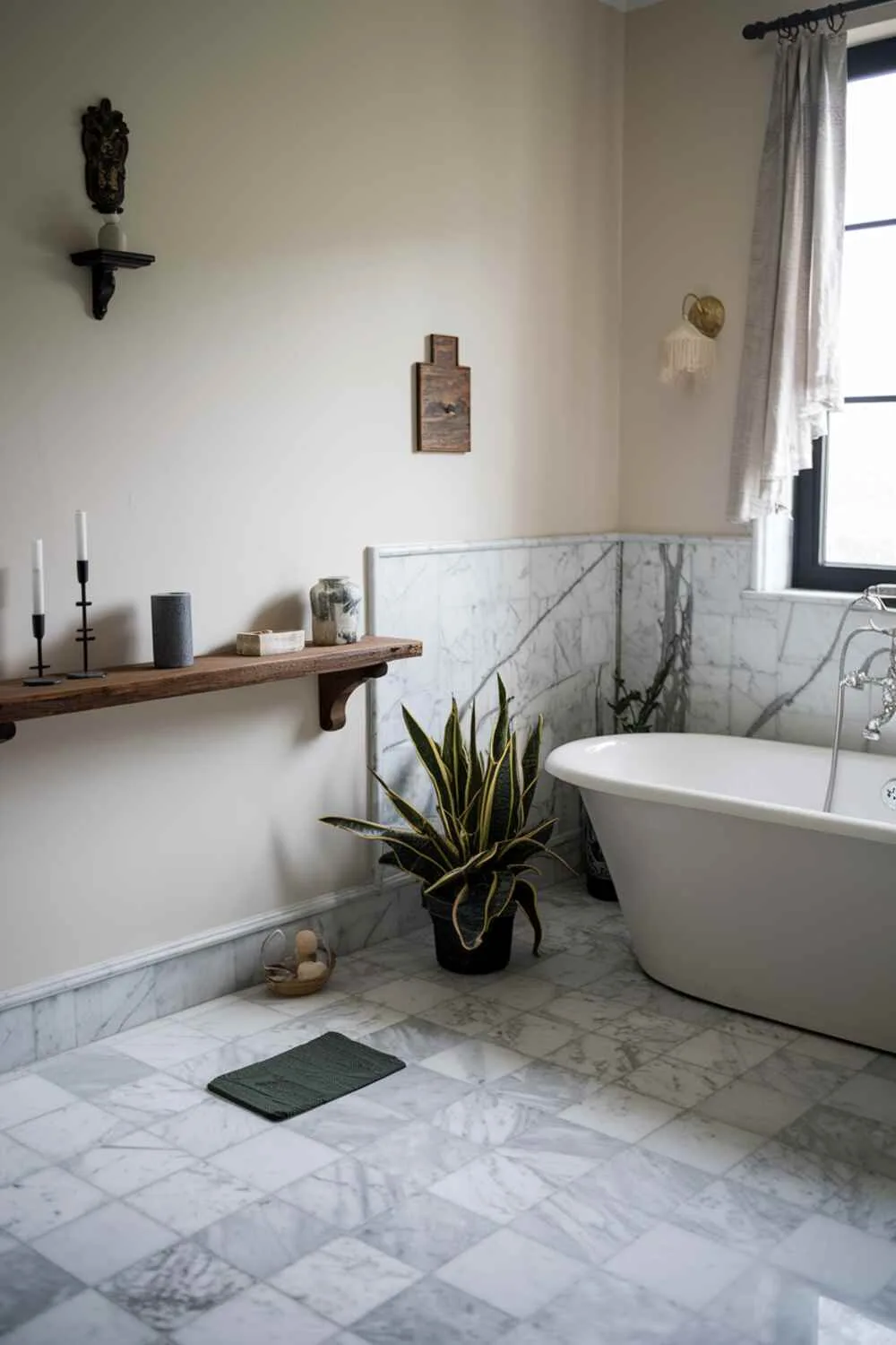 21 Elegant Bathroom Design Ideas for a Luxurious Look 8 Serene bathroom with freestanding bathtub against wall, marble flooring, potted plant, wooden shelf with decorative items, wall-mounted candle and vase, and curtained window