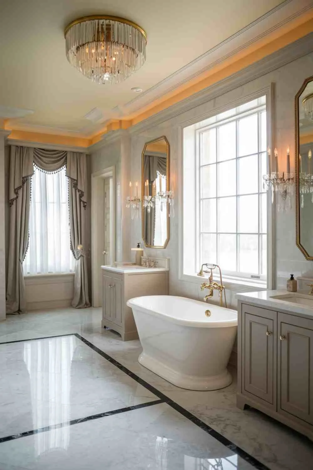 21 Elegant Bathroom Design Ideas for a Luxurious Look 9 Grand bathroom with marble floor, freestanding bathtub with gold faucet, dual-sink vanity, gold-framed mirror with candle sconces, crystal chandelier, curtained window, door, black and white patterned floor, and warm lighting