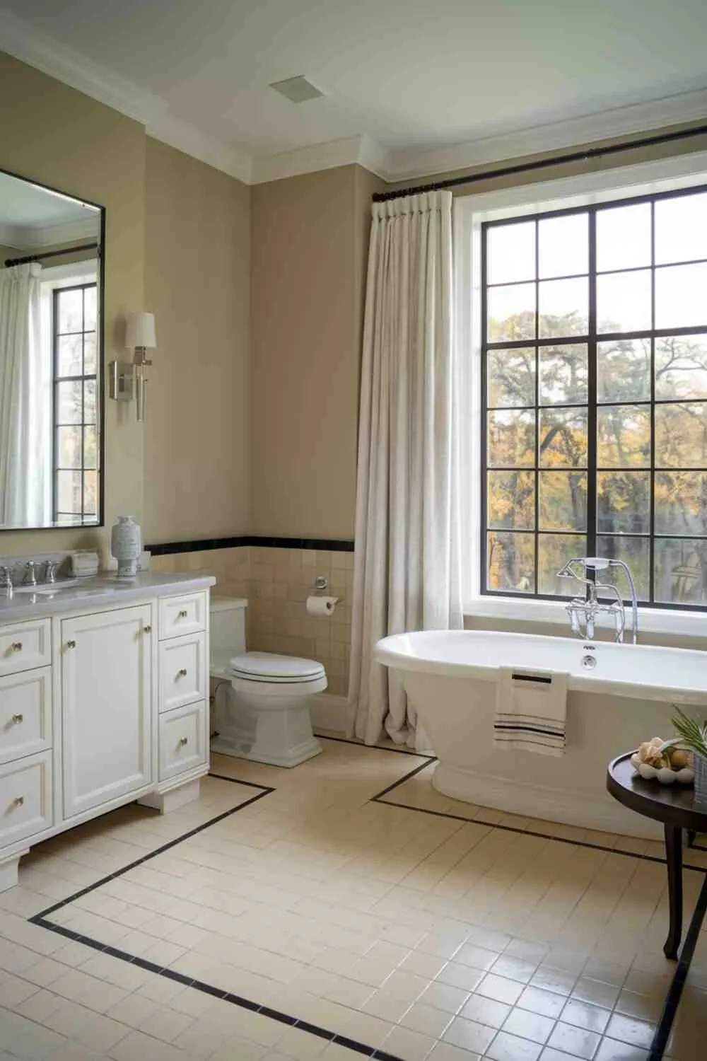 21 Elegant Bathroom Design Ideas for a Luxurious Look 11 Bright bathroom featuring freestanding tub near large window with tree view, toilet, sink with mirror, beige and black tiled floor, white curtains, white vanity, and beige walls