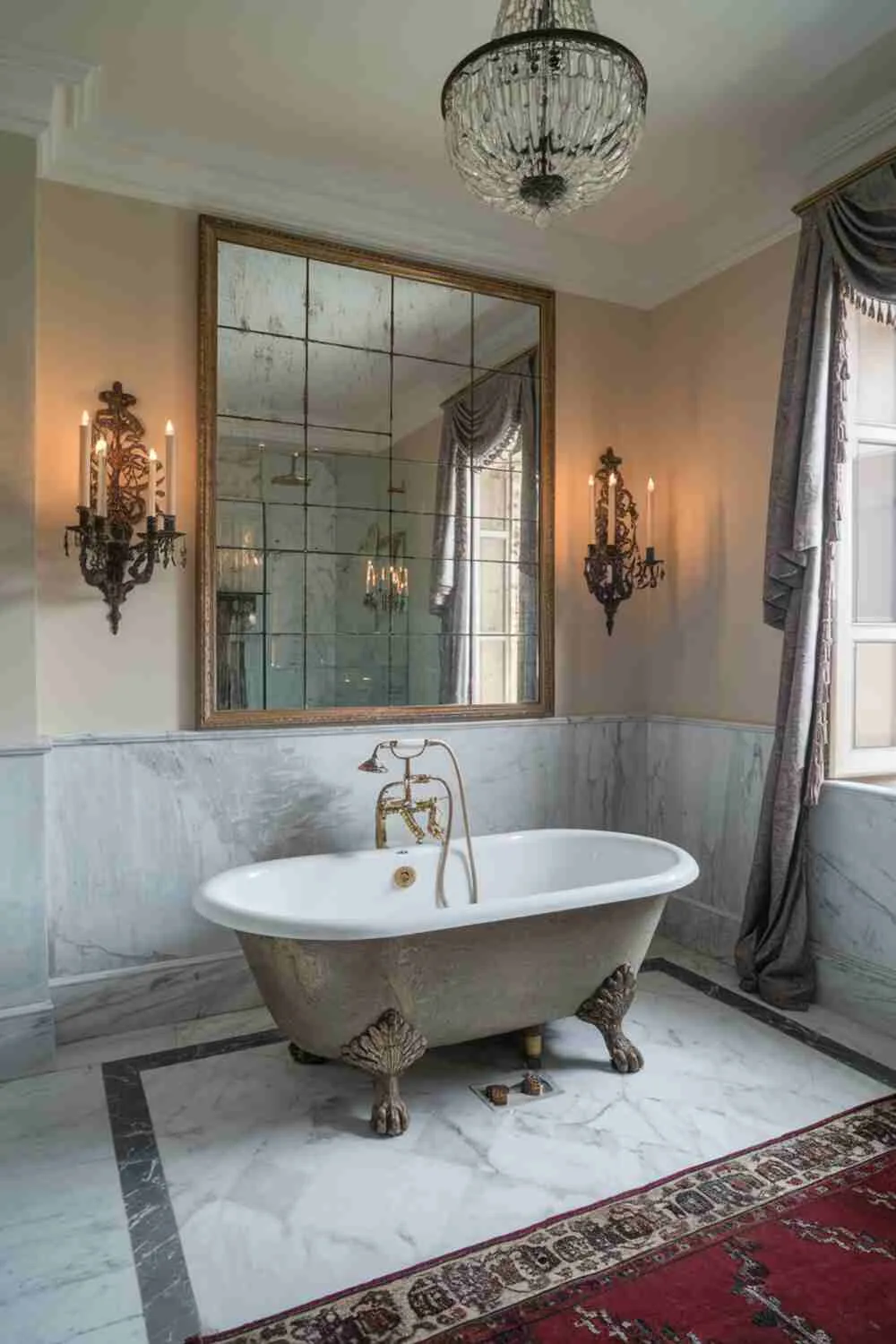21 Elegant Bathroom Design Ideas for a Luxurious Look 12 Opulent bathroom with centered freestanding bathtub with gold fixtures, marble flooring, large framed mirror with candle sconces, chandelier, decorative rug, and curtained window