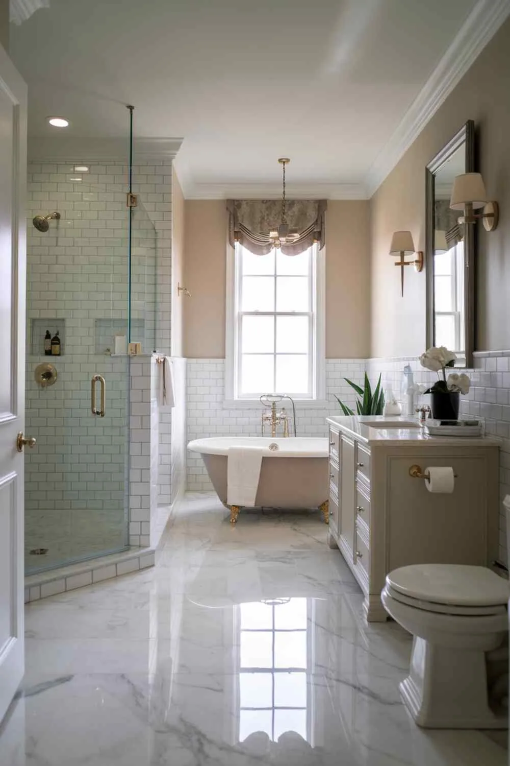 21 Elegant Bathroom Design Ideas for a Luxurious Look 14 Clean-lined bathroom with freestanding bathtub, separate shower, vanity with sink, toilet, white tiled walls, marble flooring, curtained window, plant, lamp, and soft lighting