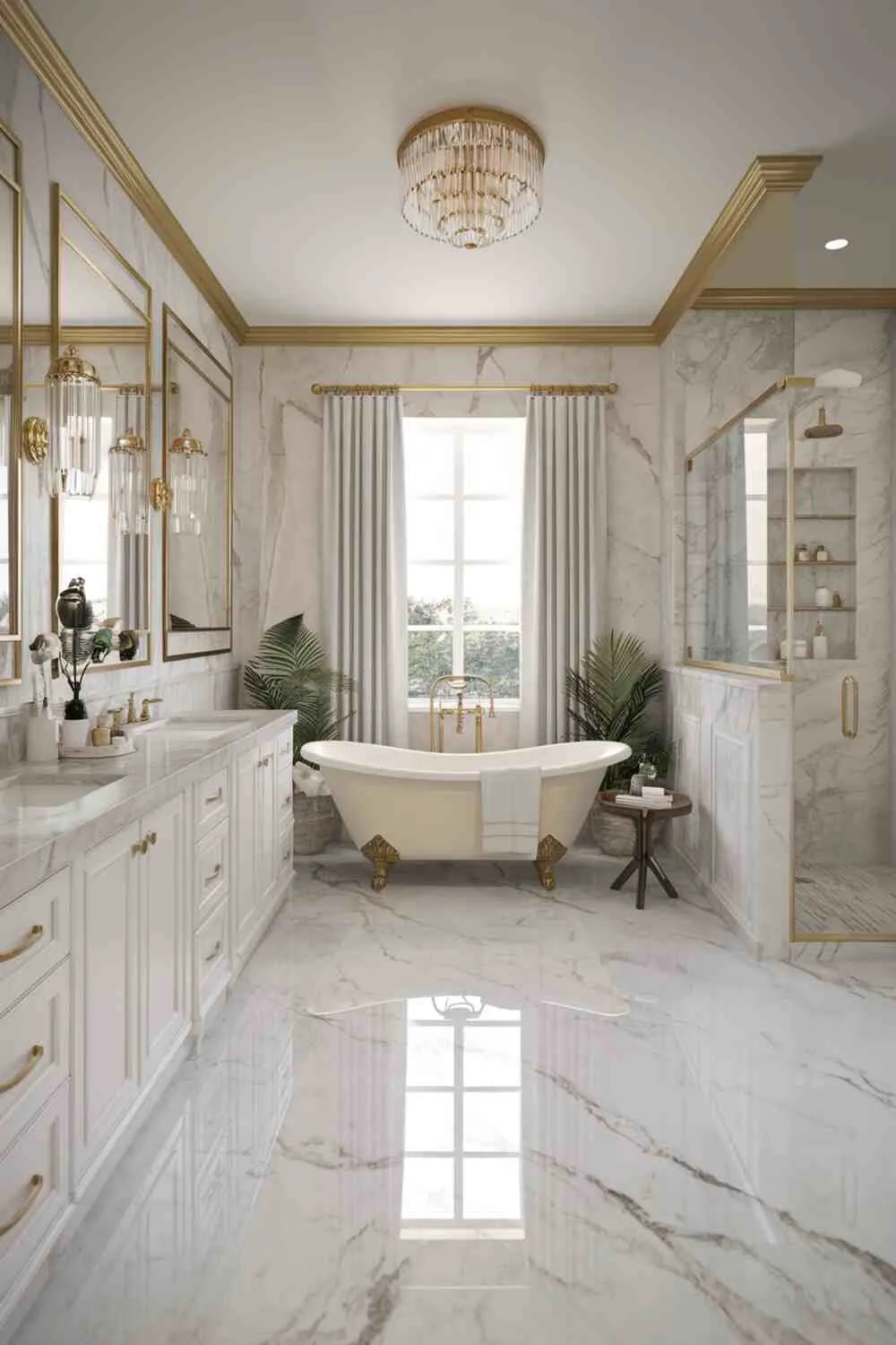 21 Elegant Bathroom Design Ideas for a Luxurious Look 15 Sumptuous bathroom with marble floors and walls, double vanity with gold fixtures, freestanding bathtub, separate shower, white curtained window, chandelier, gold wall accents, and decorative plants