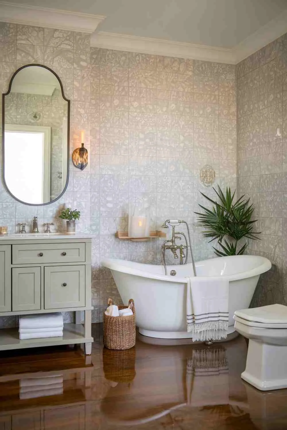 21 Elegant Bathroom Design Ideas for a Luxurious Look 16 Charming bathroom with freestanding bathtub, vanity with mirror, toilet, elegant patterned wall tiles, polished wooden floor, potted plant, candle, basket, and soft lighting