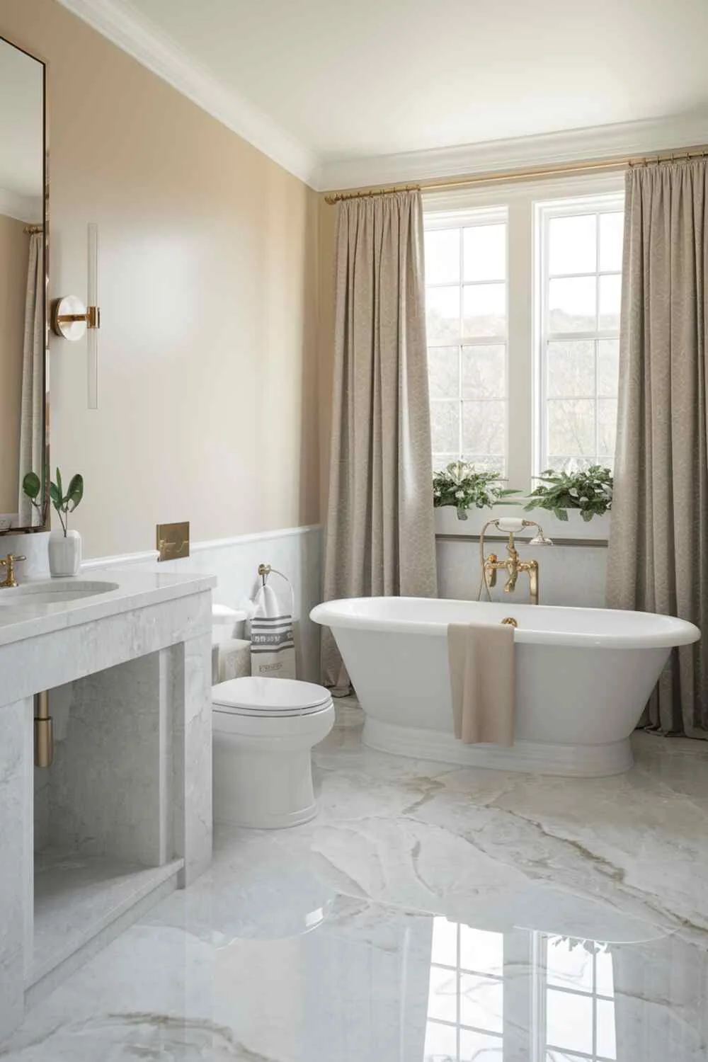 21 Elegant Bathroom Design Ideas for a Luxurious Look 17 Serene bathroom with marble floor, freestanding bathtub near beige-curtained window, sink with gold faucet, toilet, light beige walls, two planters, and soft lighting