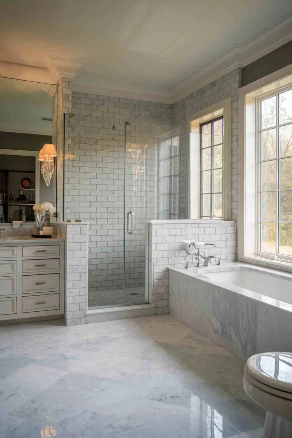 21 Elegant Bathroom Design Ideas for a Luxurious Look 18 Contemporary bathroom with marble floor, large bathtub near window with nature view, glass-enclosed shower, gray tiled walls, vanity with sink and mirror, soft lighting, and white toilet