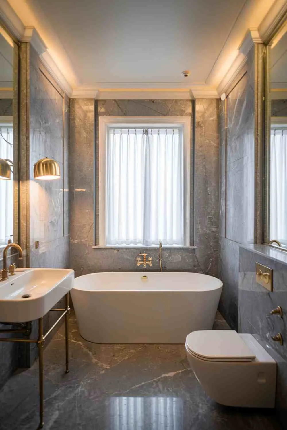 21 Elegant Bathroom Design Ideas for a Luxurious Look 19 Sleek bathroom with white bathtub, sink, and toilet, gray marble walls and floor, gold lamp above bathtub, white curtained window, and warm lighting