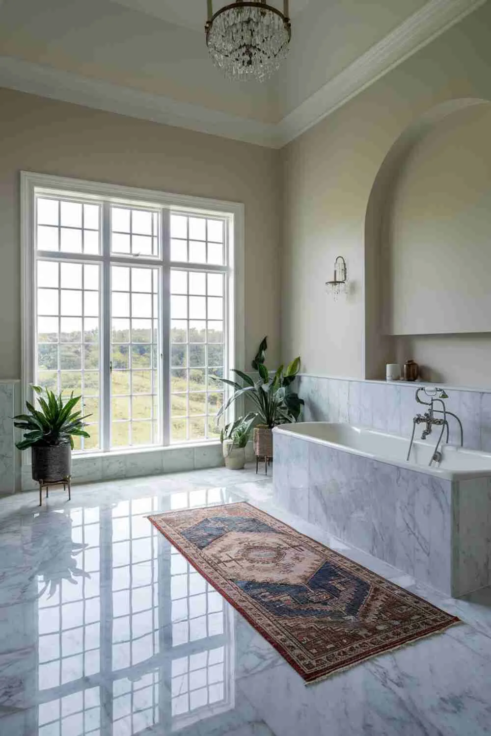 21 Elegant Bathroom Design Ideas for a Luxurious Look 20 Serene bathroom with marble floor, large window overlooking green landscape, freestanding bathtub, built-in shelf, wall sconce, high ceiling with chandelier, simple plant decor, and vintage-style rug