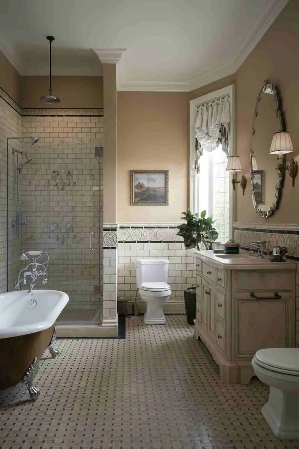 21 Elegant Bathroom Design Ideas for a Luxurious Look 21 Nostalgic bathroom with clawfoot tub, separate shower, toilet, vanity with sink and mirror, ornate tiled walls, beige and black checkered floor, wall lamps, plant, and white curtained window