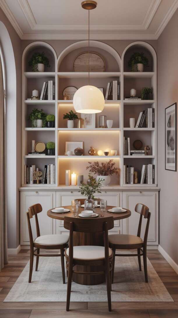 Luxurious modern dining room with circular dark wood table and arched white built-in shelving unit displaying books and plants