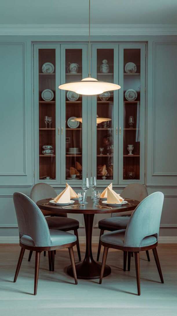 Small, elegant dining room with round mahogany table, grey velvet chairs, and brass pendant lighting