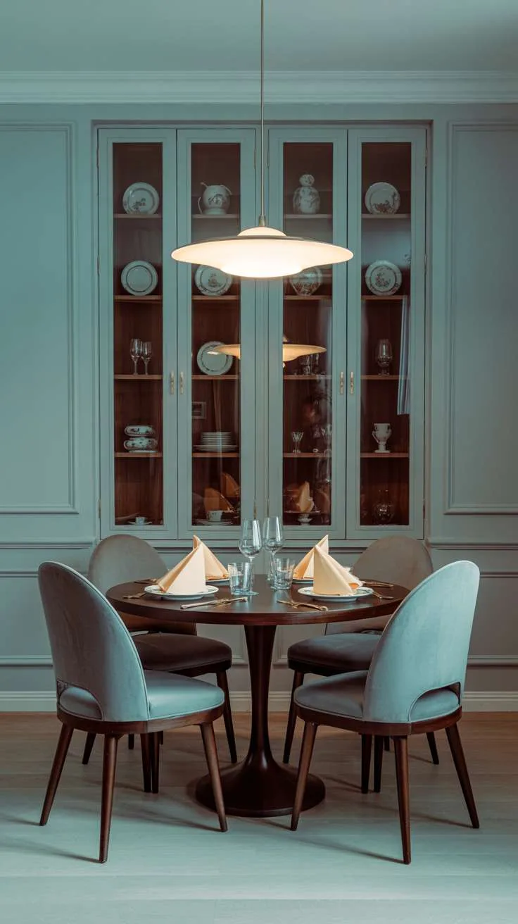 27 Modern Elegant Dining Room Ideas for a Classy Look 2 Small, elegant dining room with round mahogany table, grey velvet chairs, and brass pendant lighting