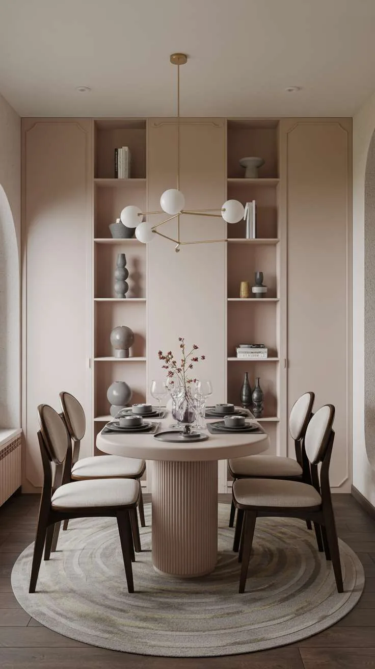 27 Modern Elegant Dining Room Ideas for a Classy Look 3 Modern minimalist dining room featuring beige ribbed pedestal table with brass chandelier and built-in display shelves