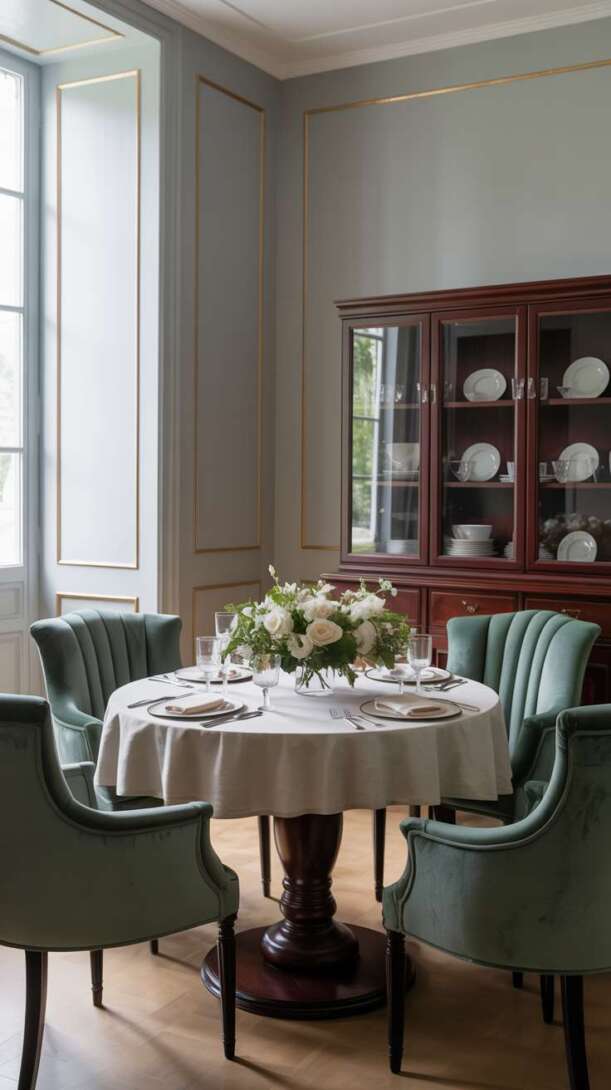 Elegant dining room with circular mahogany table surrounded by emerald green velvet armchairs in natural lighting