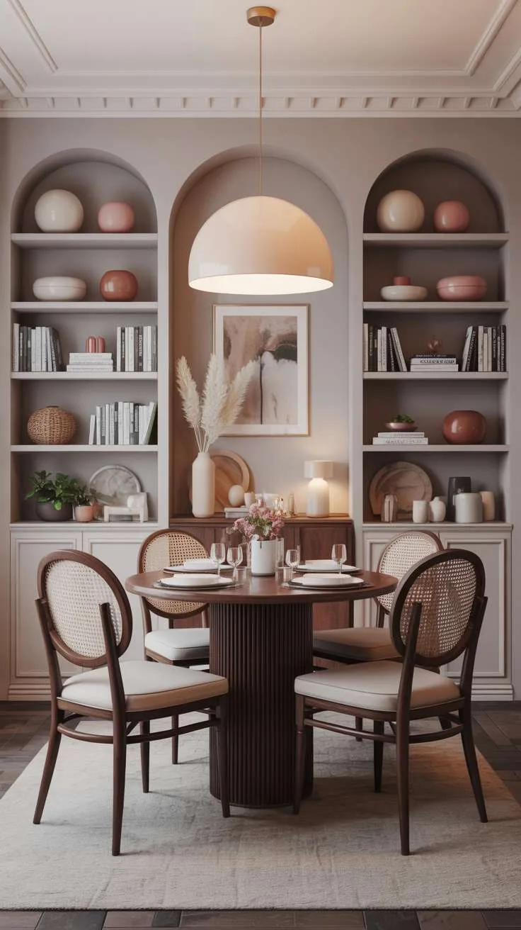 27 Modern Elegant Dining Room Ideas for a Classy Look 5 Luxury dining room with round dark wood table, cane-backed chairs, and three arched built-in bookshelves with ceramic vessels