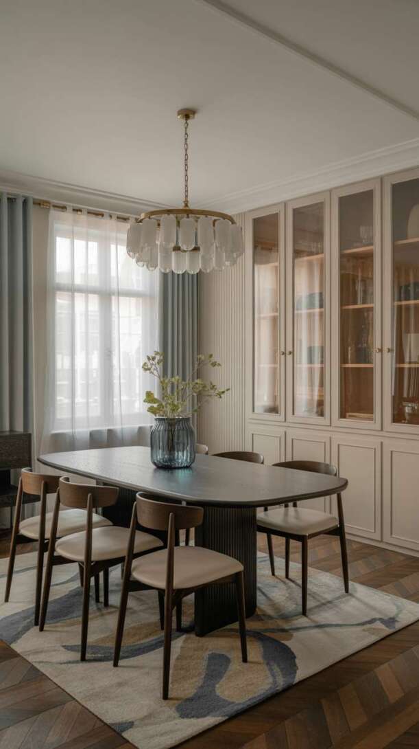 Modern luxury dining room with oval gray table, mid-century chairs, and geometric patterned area rug