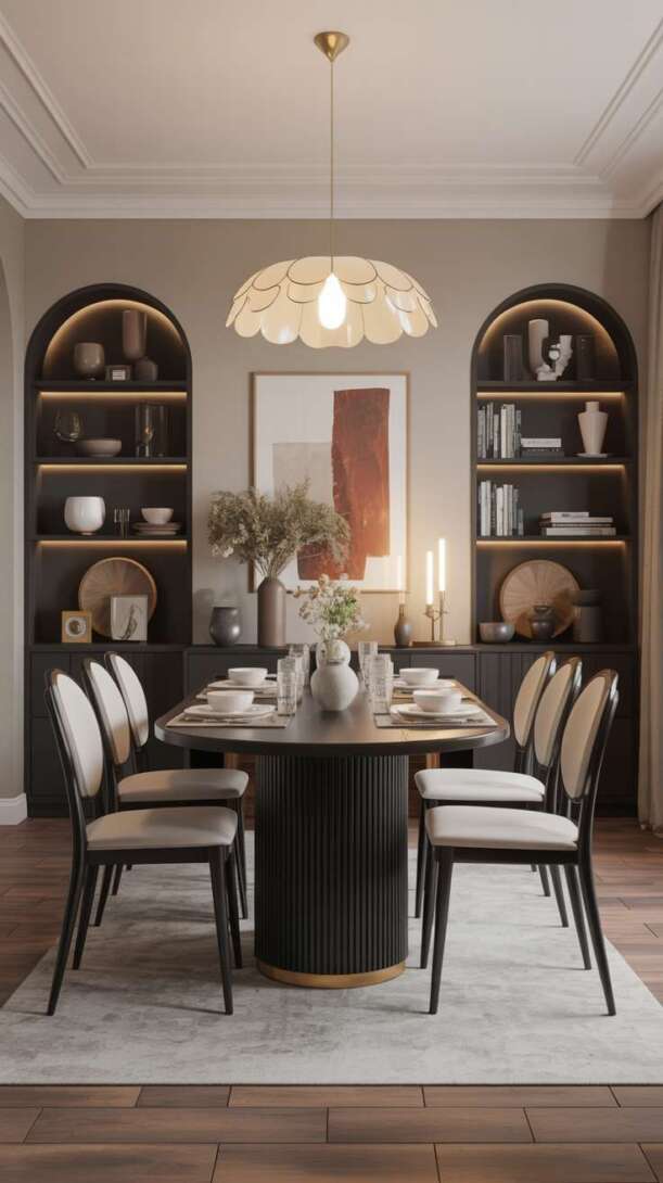Contemporary dining room featuring black ribbed round table with scalloped cream pendant light and arched built-in shelving