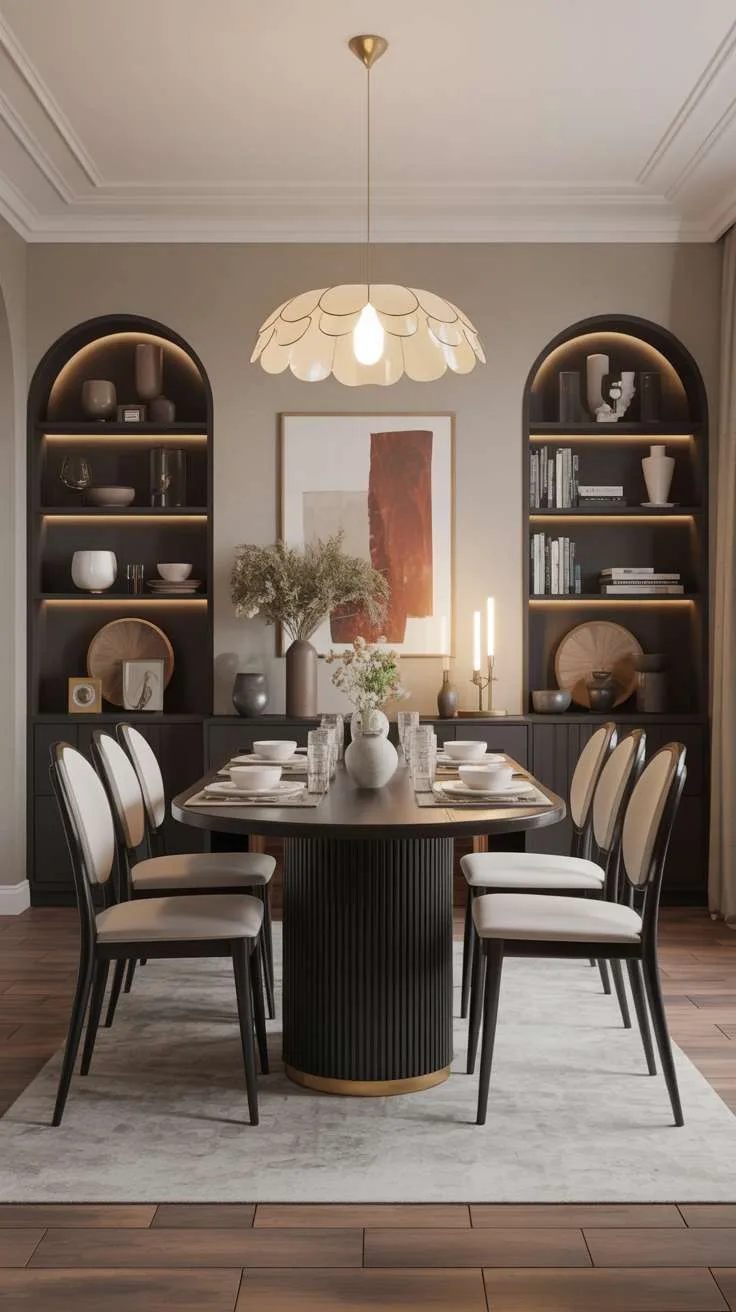27 Modern Elegant Dining Room Ideas for a Classy Look 7 Contemporary dining room featuring black ribbed round table with scalloped cream pendant light and arched built-in shelving