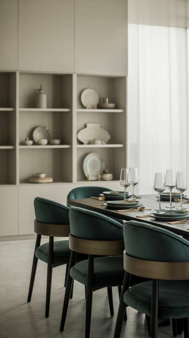 Modern elegant dining room with dark wood table, teal velvet chairs, and minimalist white built-in storage
