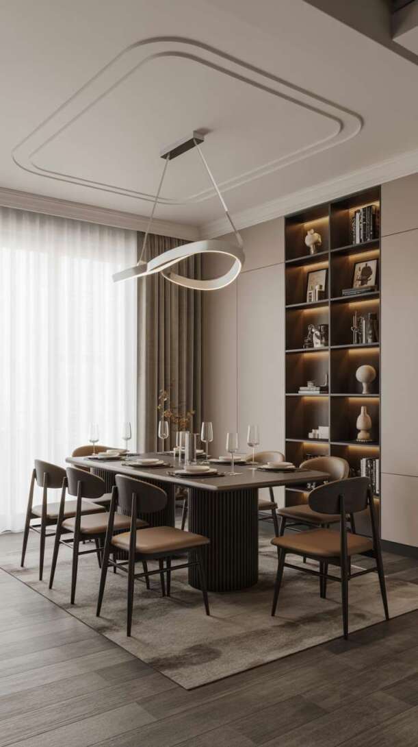 Modern luxury dining room with rectangular dark wood table and contemporary white LED ring light fixture