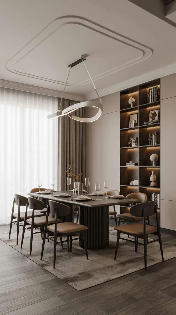 27 Modern Elegant Dining Room Ideas for a Classy Look 9 Modern luxury dining room with rectangular dark wood table and contemporary white LED ring light fixture
