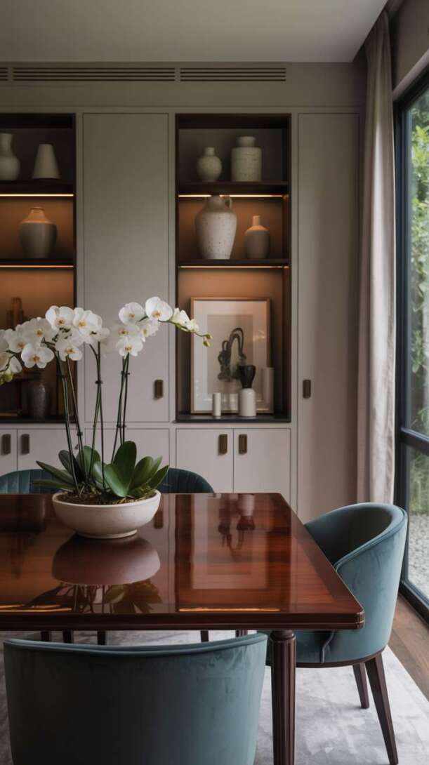 Elegant dining room with polished mahogany table, teal velvet chairs, and built-in storage overlooking garden