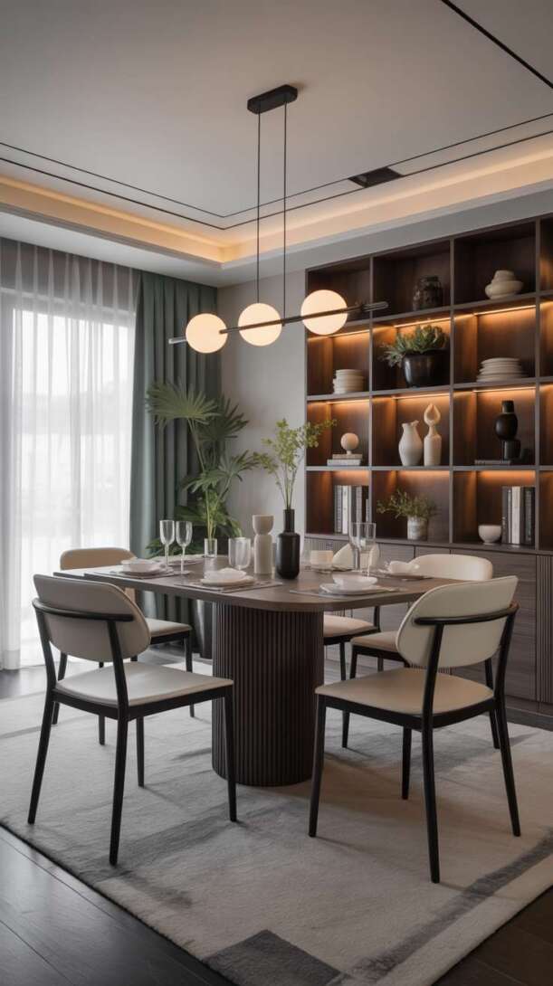 Modern luxury dining room with ribbed dark wood round table and black linear pendant light with three glass globes