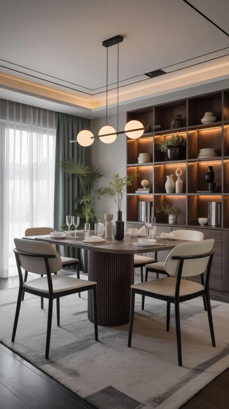 27 Modern Elegant Dining Room Ideas for a Classy Look 11 Modern luxury dining room with ribbed dark wood round table and black linear pendant light with three glass globes