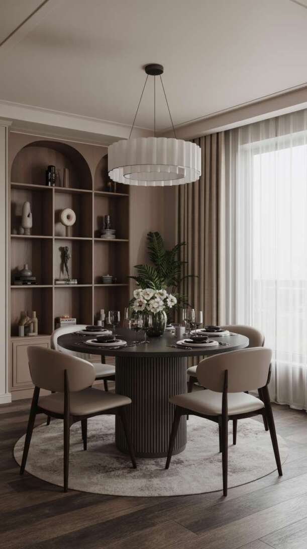 Contemporary dining room with gray ribbed round table and large white multi-tiered sculptural pendant light