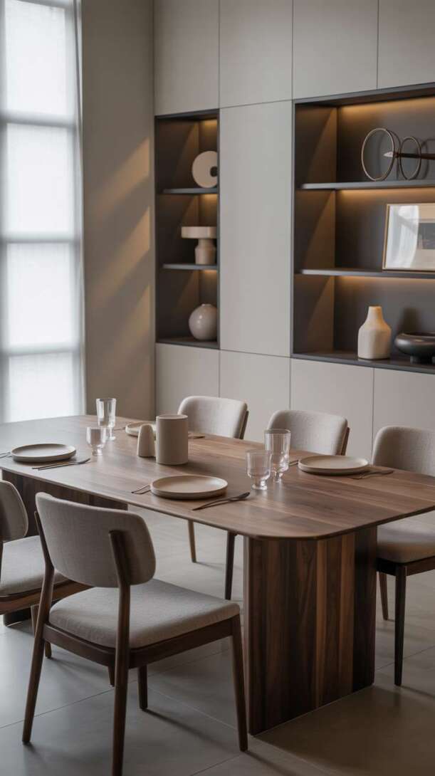 Modern dining room with sleek rectangular walnut table, grey upholstered chairs, and built-in storage with metal accents